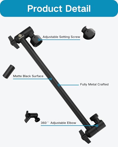 15 Inch Extra Long Adjustable Shower Head Extension Arm With Locking Set Screw, Singing Rain 304 Stainless Steel Angle Height Adjustable, Easy Install, G1/2 Universal Connector Compatible (Matt Black) - color: 3. Matte Black, style: 15 inch
