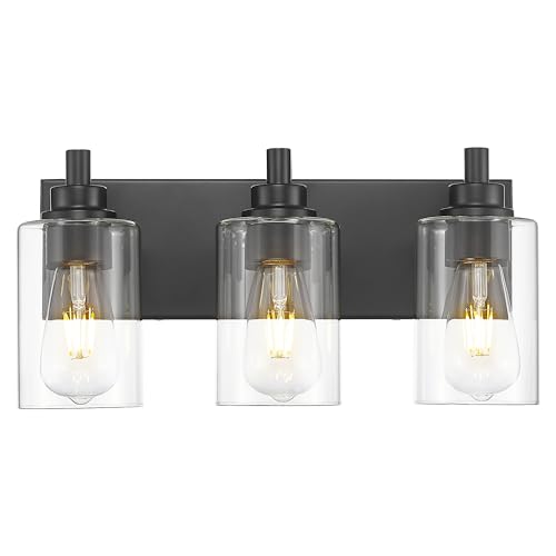 3-Light Bathroom Light Fixtures, Black Vanity Light with Cylinder Clear Glass Shade, Modern Vanity Lighting Fixtures Over Mirror, VL143-MB-3 | 16.5" modern bathroom light fixtures over mirror, E26 base, bulbs not included, VL143-MB-3 - color: Black, Cylin