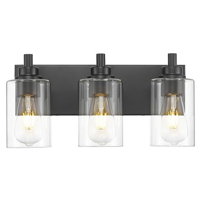 3-Light Bathroom Light Fixtures, Black Vanity Light with Cylinder Clear Glass Shade, Modern Vanity Lighting Fixtures Over Mirror, VL143-MB-3 | 16.5" modern bathroom light fixtures over mirror, E26 base, bulbs not included, VL143-MB-3 - color: Black, Cylin