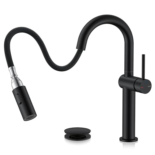 Matte Black 1 Handle Tall Vessel Sink Faucet with Pull Down Sprayer | Vessel Bowl Faucet with Pop Up Drain & Supply Lines, Lead-Free cUPC & NSF Certified, 1 Hole Faucet for Vanity RV Restroom - color: Matte Black, size: Tall