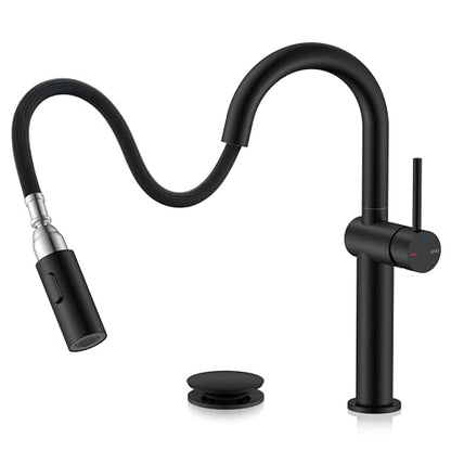 Matte Black 1 Handle Tall Vessel Sink Faucet with Pull Down Sprayer | Vessel Bowl Faucet with Pop Up Drain & Supply Lines, Lead-Free cUPC & NSF Certified, 1 Hole Faucet for Vanity RV Restroom - color: Matte Black, size: Tall