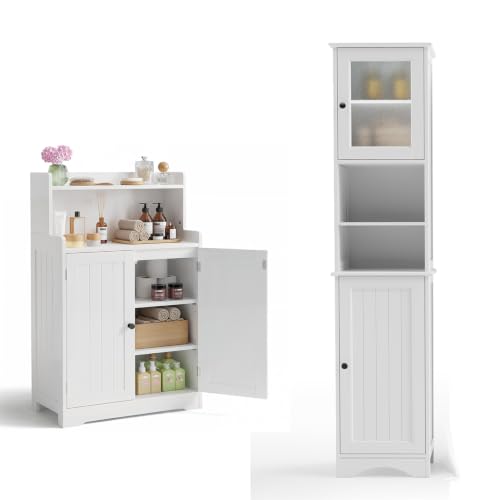 Gizoon White Bathroom Storage Cabinet Combo | Freestanding Tall Linen Tower + Floor Bathroom Cabinet with Adjustable Shelves, Multipurpose Organizer for Laundry, Kitchen