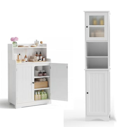 Gizoon White Bathroom Storage Cabinet Combo | Freestanding Tall Linen Tower + Floor Bathroom Cabinet with Adjustable Shelves, Multipurpose Organizer for Laundry, Kitchen