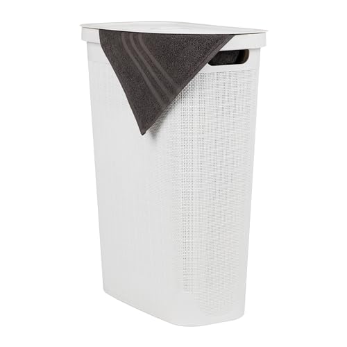 Mind Reader Slim Laundry Hamper with Lid, 40L Clothes Basket, Linen Design, Plastic, White - color: White