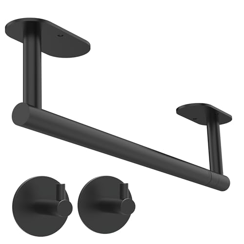 Paper Towel Holder Under Cabinet, Self Adhesive or Wall Mounted SUS304 Stainless Steel Paper Towel Holder for Kitchen, Bathroom(2 Towel Hooks, Matte Black) - color: Matte Black, size: Holder with 2 Hooks