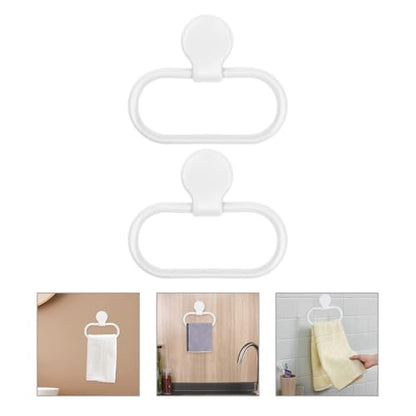 FOMIYES 2pcs Adhesive Hand Towel Ring Bathroom Towel Holder Wall Mounted Shelf White Easy Install Kitchen Hanger for Shower and Washcloth