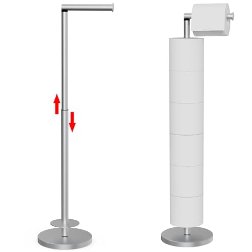 RUACQ Bathroom Toilet Paper Holder Stand with Storage, Brushed Nickel | Free Standing Toilet Roll Holder, Height Adjustable, Holds 6 Reserve Rolls, Weighted Base, 304 Stainless Steel Rustproof - color: Nickel Brushed