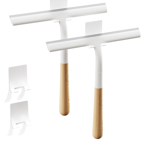 Shower Squeegee for Glass Doors, Streak-Free Silicone Window Cleaner with Detachable Wood Handle & Hook, Rust-Proof Bathroom Squeegee for Mirror, Tile Wall, Car Windshield, 10 Inch White - size: 2pack
