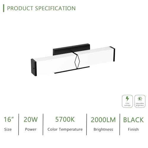 16 Inch Bathroom Vanity Light 2000LM, 5700K Daylight White Modern Bathroom Light Dimmable, AC 120V 20W Matte Black LED Vanity Lighting Fixtures Wall Sconce ETL Certified, 1Pack - color: Matte Black-5700K, size: 16 INCH