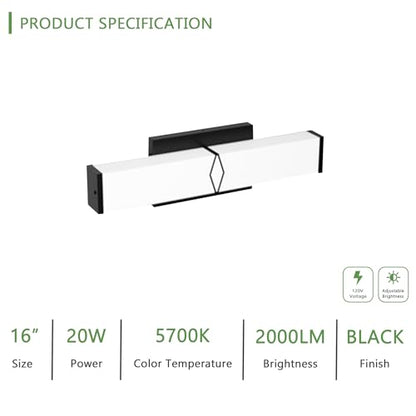 16 Inch Bathroom Vanity Light 2000LM, 5700K Daylight White Modern Bathroom Light Dimmable, AC 120V 20W Matte Black LED Vanity Lighting Fixtures Wall Sconce ETL Certified, 1Pack - color: Matte Black-5700K, size: 16 INCH