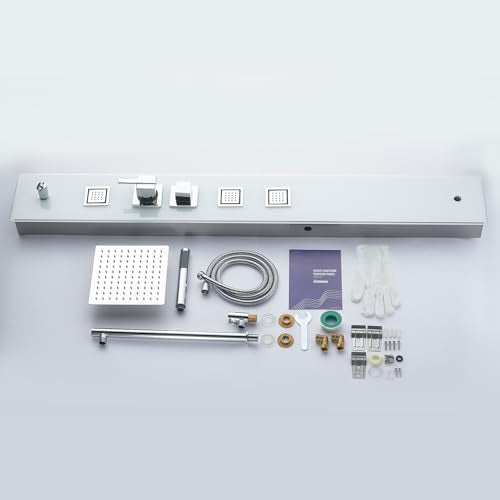 8" Wall Mount Glass Shower Panel Tower System Stainless Steel White | 51 inch Tempered glass shower panel | 8" rain shower head | 14.5" shower arm | 304 stainless steel | Wall mount - style: Square Shower