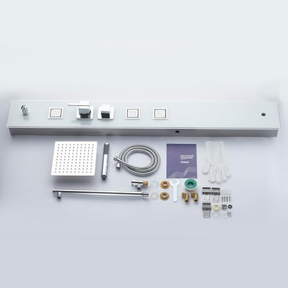 8" Wall Mount Glass Shower Panel Tower System Stainless Steel White | 51 inch Tempered glass shower panel | 8" rain shower head | 14.5" shower arm | 304 stainless steel | Wall mount - style: Square Shower
