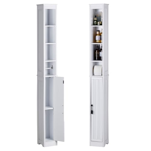 VECELO Narrow Bathroom Storage Cabinet with 3 Adjustable Shelves, 71" Tall Freestanding Cabinet with Toilet Paper Holder, Slim Tower Cabinet with Magnetic Door, for Small Spaces, White - color: Shelf Top