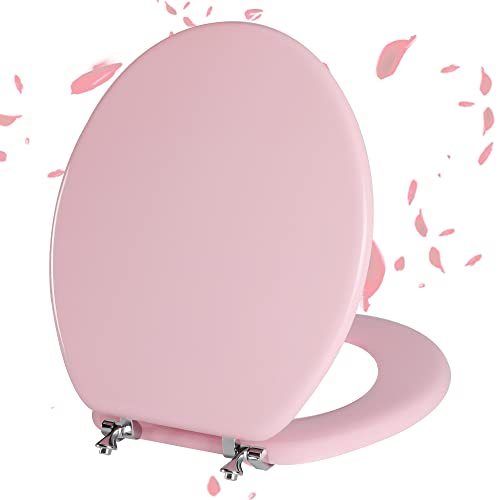 Angol Shiold Wood Toilet Seat, Zinc Alloy Hinges (Round, Pink) | Round Toilet Seat, Scratch Resistant Wood Surface, Easy to Install and Clean - color: Pink, size: Round