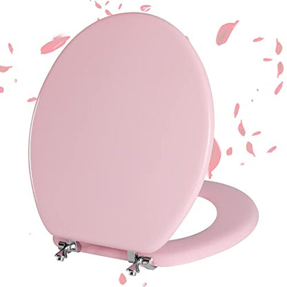 Angol Shiold Wood Toilet Seat, Zinc Alloy Hinges (Round, Pink) | Round Toilet Seat, Scratch Resistant Wood Surface, Easy to Install and Clean - color: Pink, size: Round