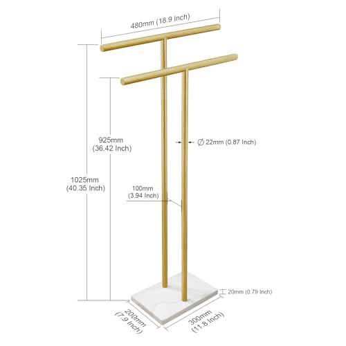 40 Inch Standing Towel Rack for Bathroom Floor Double-T Shape Bath Sheet Holder with Marble Design Base Towel Rack Freestanding Next to Tub or Shower Towel Holder Stand SUS304 Brushed Gold - color: Brushed Gold