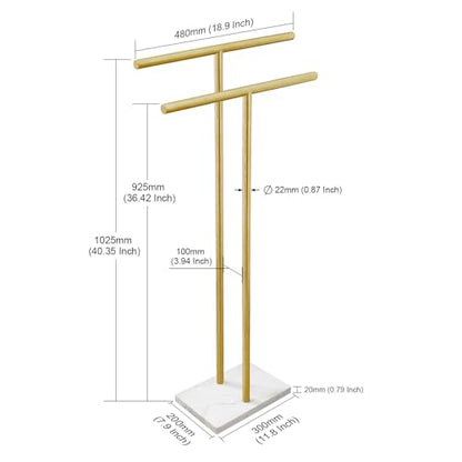 40 Inch Standing Towel Rack for Bathroom Floor Double-T Shape Bath Sheet Holder with Marble Design Base Towel Rack Freestanding Next to Tub or Shower Towel Holder Stand SUS304 Brushed Gold - color: Brushed Gold