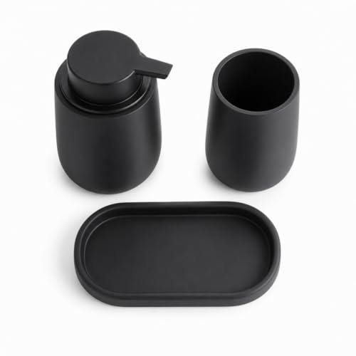 Ceramic Bathroom Accessories Set, 3 Pieces with Soap Dispenser, Toothbrush Holder, and Cup, Matte Black, Polished Finish (Balck) - color: Balck