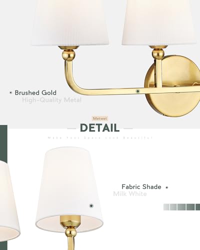 4-Light Brushed Gold Bathroom Vanity Light, White Fabric Shades | 28" bathroom light fixtures over mirror, upward only, E26 base, bulbs not included, VL837-BG-4 - color: Brushed Gold, size: 4-light