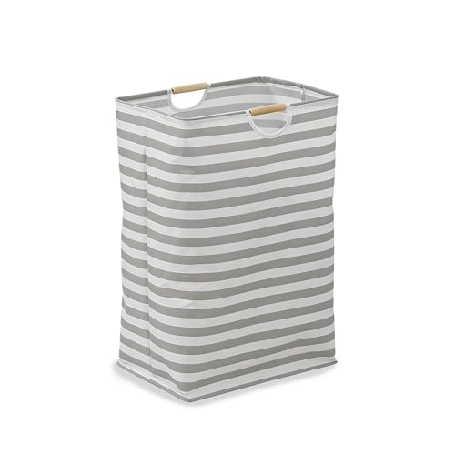 Collapsible Laundry Hamper Bag with Wooden Handles - 55L/14.5 Gallon Large Capacity Waterproof Oxford Cloth Storage Basket, Freestanding No Wire Frame, for Dorm Room, Bedroom, Bathroom (Large-Grey) - size: Large-Grey