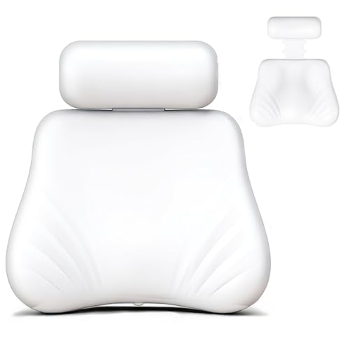 Silicone Bath Pillow, Upgraded Bath Pillows for Tub, Adjustable Height Bathtub Pillow for Head and Neck, 4D Luxury Tub Pillow Skin-Friendly Large Suction Cups Stability, Spa Relaxation-White