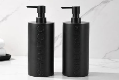 2-Pack Matte Black Resin Refillable Shampoo & Conditioner Bottles – Modern Bathroom Pump Dispenser Set, Durable Resin Shower Containers with Embossed Labels, Reusable Pump Bottle - color: 2pack Black Shampoo and Conditioner Set