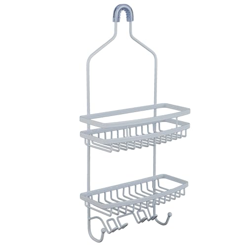 Bath Bliss Shower Head Caddy, Suction Cup Backing, 2 Tier Shelving & 6 Accessory Hooks, White (23386-WHITE) - color: White