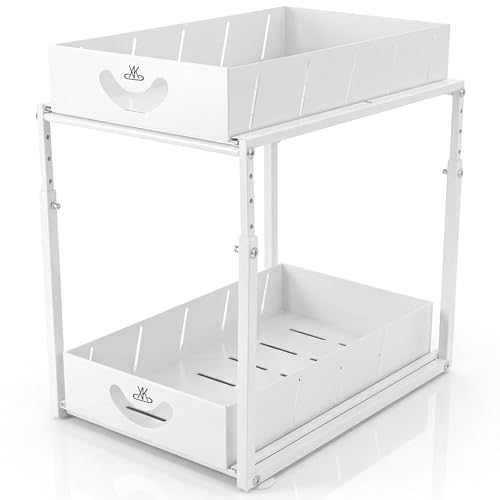 Adjustable Under Sink Organizer, 2 Tier Under Sink Organizers and Storage,Slide Out Metal Cabinet Organizers, Pull Out Cabinet Storage Drawer Shelf for Kitchen Bathroom (1, white) - color: white