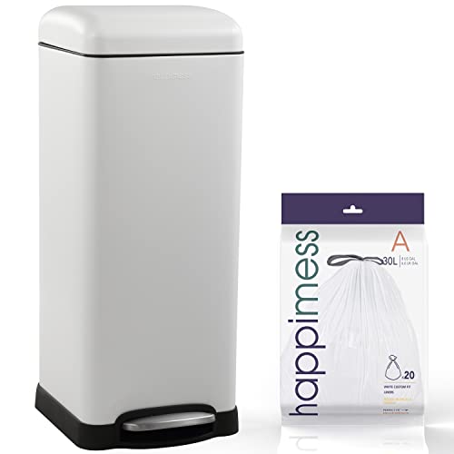 happimess Betty 8 Gal Step Trash Can Soft-Close Lid, Cotton White | Fingerprint Resistant, Removable Liner, Semi-Rectangular, Steel Pedal, Iron Powder Coated, 27" Height, Non-Skid Base - color: White
