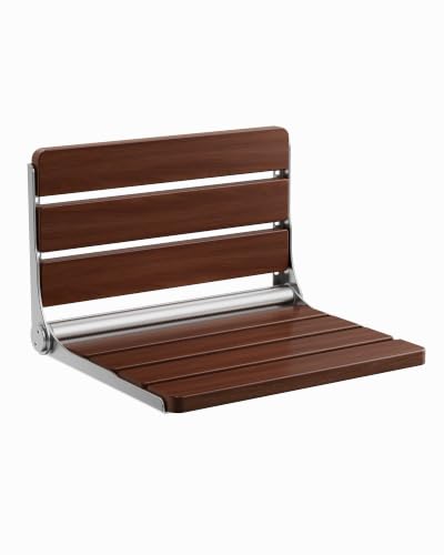 Folding Shower Seat Wall Mounted, Real Wood Shower Chair for Inside Shower | Shower bench folds to a 1.81 in profile for small spaces, 304 stainless steel frame supports 400 lb. Cherry Wood finish.
