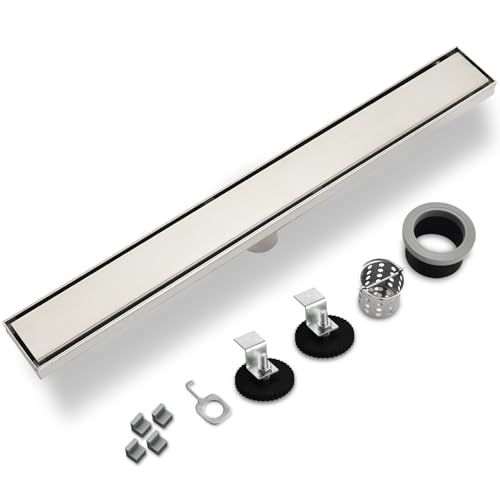 Linear Shower Drain ，12 Inch Brushed 304 Stainless Steel Rectangle Shower Floor Drain，with Reversable Tile-inPattern Drain Cover & Hair Catcher, Adjustable Feet - color: Brushed Nickel, size: 12inch