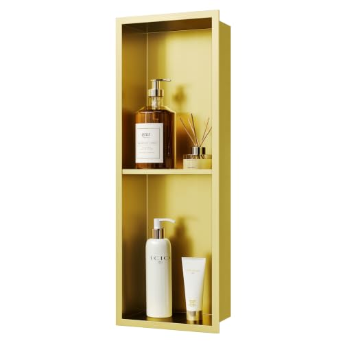 Qeke 8" x 24" Stainless Steel Shower Niche w/Double Shelves, Brushed Golden | No tile Needed Wall Niche, Recessed Niche for Bathroom Storage, Space Saving, Over Mount Installation - color: Brushed Golden, size: 8X24"
