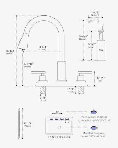 APPASO 4 Hole Kitchen Faucet with Pull Down Sprayer and Soap Dispenser | Brushed Nickel Dual Handle Kitchen Faucets for 3-4 Hole Sink 8'' Center, High Arc Lead-Free Certified, Easy to Install - color: 1-Brushed Nickel