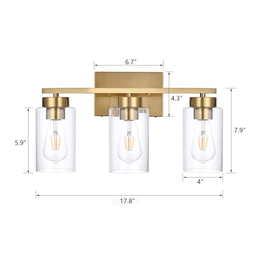 3-Light Bathroom Vanity Light, Modern Brushed Gold Wall Lights with Clear Glass Shades, Bathroom Wall Sconce Lamp for Mirror Living Room Bedroom Hallway - color: 3 Light Gold-Small