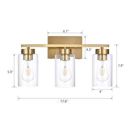 3-Light Bathroom Vanity Light, Modern Brushed Gold Wall Lights with Clear Glass Shades, Bathroom Wall Sconce Lamp for Mirror Living Room Bedroom Hallway - color: 3 Light Gold-Small