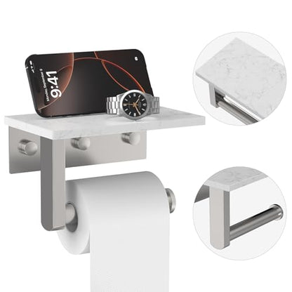 Brushed Nickel Toilet Paper Holder with Marble Shelf Tissue Roll Holder | 304 Stainless Steel Wall Mounted Toilet Paper Roll Holder Screw-Mounted Tissue Holder for Bathroom Washroom by BATHLAVISH - color: Brushed Nickel