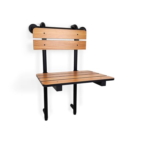 Seachrome Profile Folding Shower Seat with 18 inch Grab Bar, Removable Hanging Bench with Backrest & Legs, Teak Phenolic Seat, Black Stainless Steel Grab Bar - color: Teak, Black