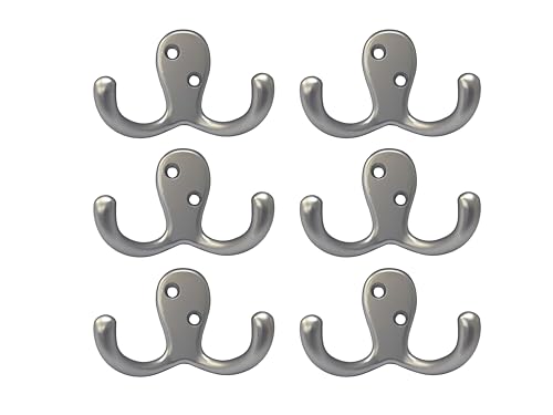 QCAA Premium Double Robe Hook, 2-3/4", Zinc Die Cast, Satin Matte Nickel, Made in Taiwan, 6 Pack - size: 6pack-Satin Matte Nickel