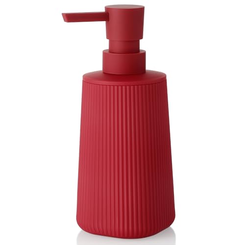YAUKPH Small Soap Dispenser for Bathroom and Kitchen Matte Red | Modern Farmhouse Striped Style Plastic Hand Soap Dish Soap Dispenser with Pump - color: Red