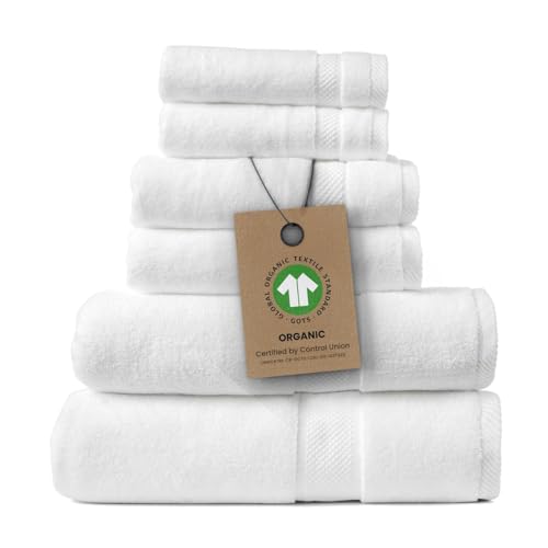 100% Organic Zero-Twist Cotton Towels - GOTS Certified Luxury Bath Towels - Ultra Soft & Plush 700GSM Long-Staple Cotton - 6 Piece Towel Set (White) - color: White, size: 6pc Towel Set