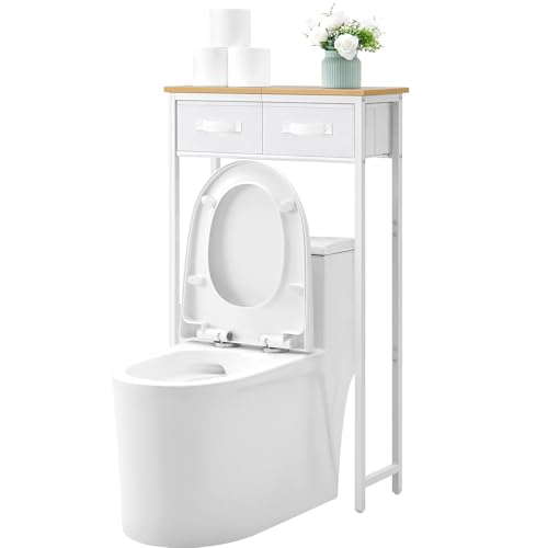 MOHOPE 2-Tier Over The Toilet Storage with 2 Fabric Drawers, Freestanding Above The Toilet Storage Cabinet, Space Saver Metal Over Toilet Bathroom Organizer Shelf for Small Space, Natural and White - color: Natural