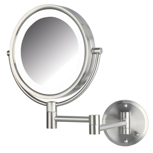 JERDON Hardwired Wall-Mount Makeup Mirror - 8X/1X - Nickel - HL88NLD | 8.5" Round Frame, 13.5" Wall Arm, LED Lighting, Direct Wire Installation - color: Nickel Direct Wire