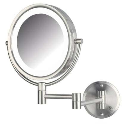 JERDON Hardwired Wall-Mount Makeup Mirror - 8X/1X - Nickel - HL88NLD | 8.5" Round Frame, 13.5" Wall Arm, LED Lighting, Direct Wire Installation - color: Nickel Direct Wire
