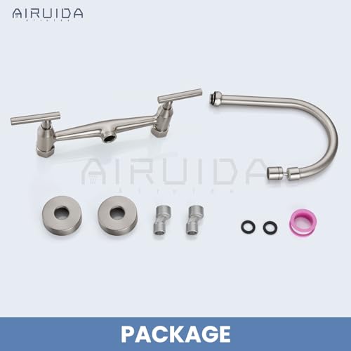 Airuida 8 Inch Center Wall Mounted Kitchen Sink Faucet | 360° Degree Swivel Spout,Double Handle,Wall Mount Utility Sink Faucet - color: Brushed Nickel