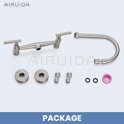Airuida 8 Inch Center Wall Mounted Kitchen Sink Faucet | 360° Degree Swivel Spout,Double Handle,Wall Mount Utility Sink Faucet - color: Brushed Nickel