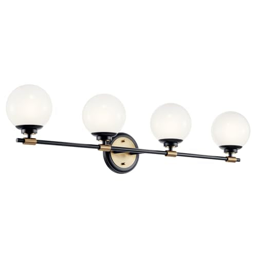 Kichler Benno 4-Light Bathroom Vanity Light Fixture with Opal Glass in Black and Champagne Bronze, Modern Wall Mount Light for Bathroom or Powder Room (8.75" x 34"), 55173BKCPZ - color: Black and Bronze, size: 34"