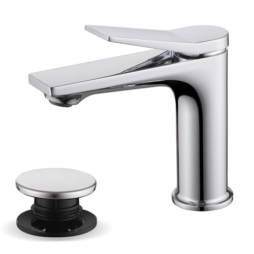 Rbrohant Single Hole Bathroom Faucet, Polished Chrome Single Handle Bathroom Sink Faucets for 1 Hole,Bathroom Vanity Faucet with Pop up Drain, Deck Mount, R2001-PC - color: Polished Chrome, style: No Escutcheon
