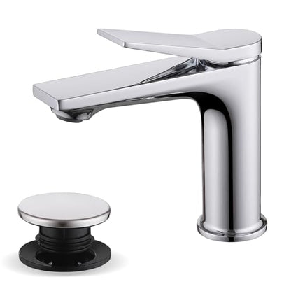 Rbrohant Single Hole Bathroom Faucet, Polished Chrome Single Handle Bathroom Sink Faucets for 1 Hole,Bathroom Vanity Faucet with Pop up Drain, Deck Mount, R2001-PC - color: Polished Chrome, style: No Escutcheon