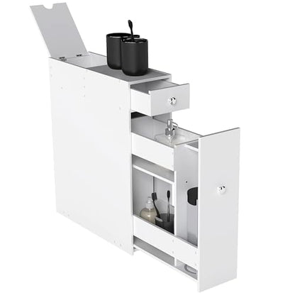 HOMCOM Bathroom Floor Organizer Free Standing Narrow Storage Cabinet White | Wooden, Space Saving, Bath Toilet Paper Holder, with Drawers