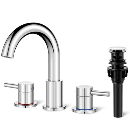 Bathroom Sink Faucet 3 Hole Chrome, 2-Handle Widespread Faucet | Lead-free stainless steel, pop-up drain, Detachable faucet aerator, 360°swivel, for RV & vanity sink 3-hole mount - color: 1-Chrome, style: 8 Inch Widespread